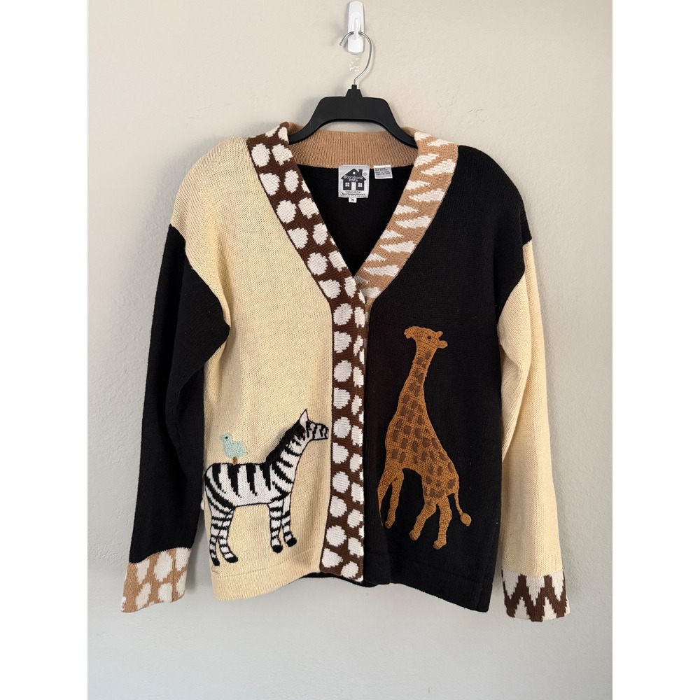 Vintage Storybook Knits Safari Zebra Giraffe Cardigan Sweater Black Brown Medium